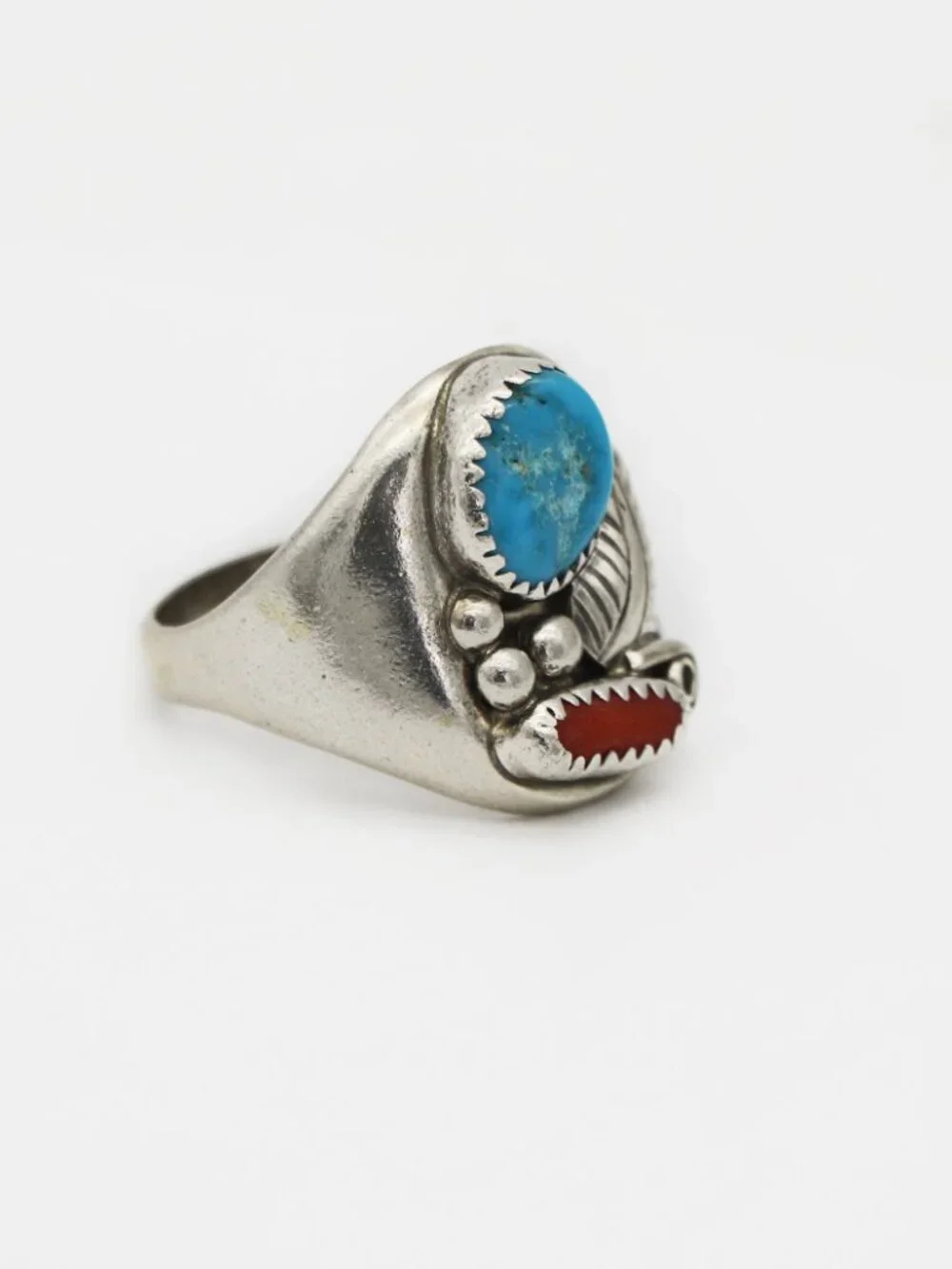 Native American Navajo Sterling Silver Turquoise Coral Ring